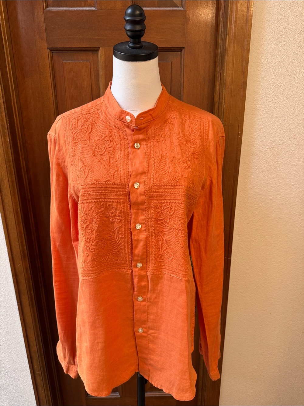 BOSS Hugo Boss Embroidered Mandarin Collar Button-Down in Bright Orange Size L